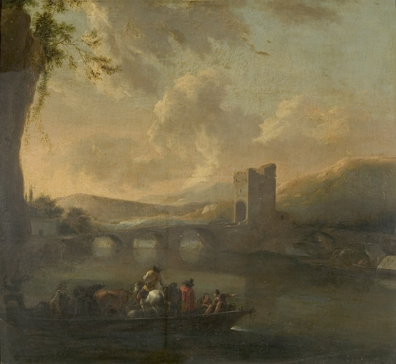 एक नौका नाव एक नदी पार, c.1640 (पैनल पर रखा कैनवास पर तेल) द्वारा विलेम स्केल्सिंक