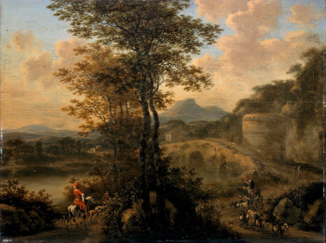 स्टोन ब्रिज के साथ इटैलियन रिवर लैंडस्केप, 1650 द्वारा विलेम डी ह्युश