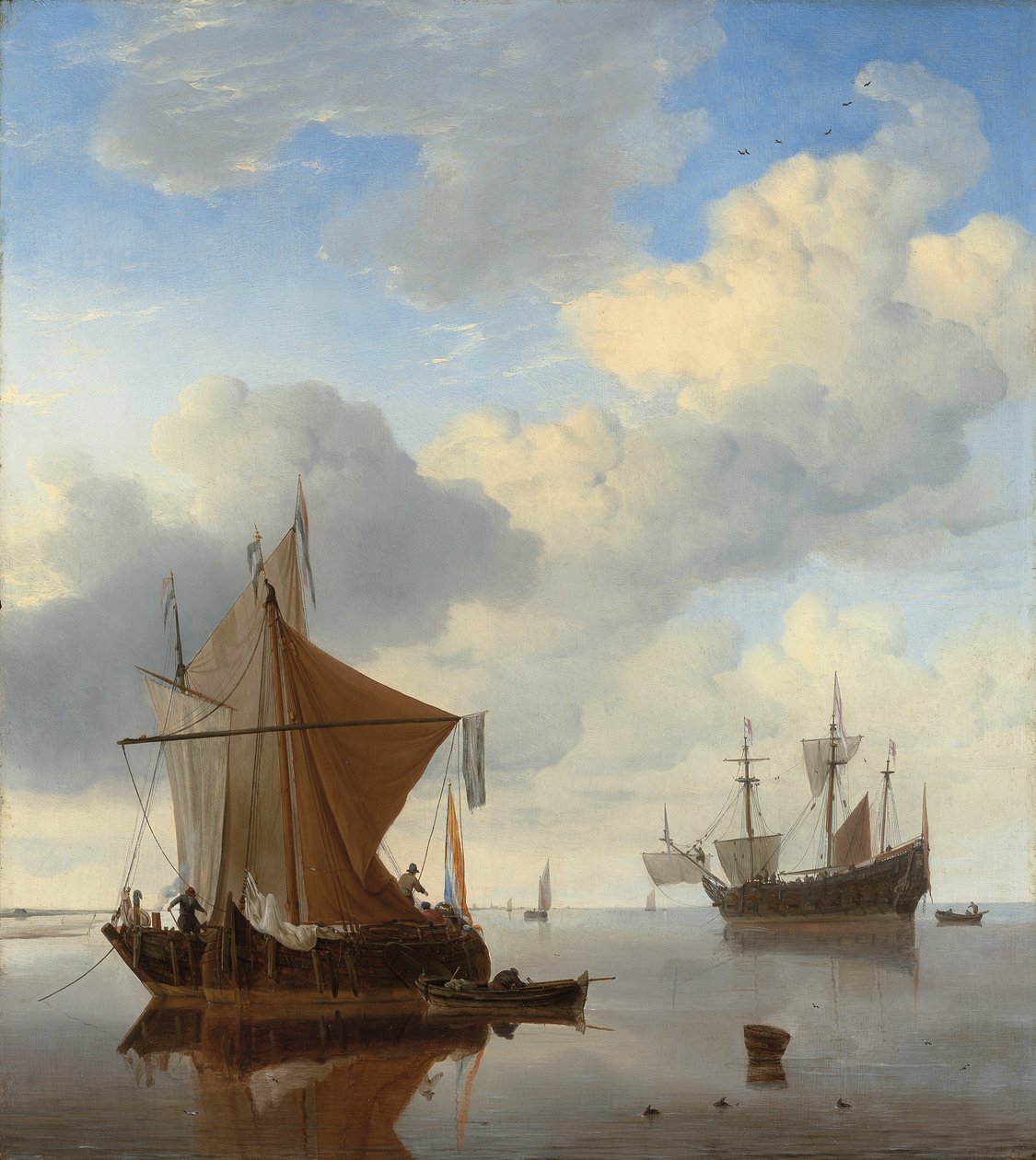 एक शांत - एक smalschip और एक अंग्रेजी आदमी के साथ लंगर में एक काग-ओ "-war परे द्वारा विलेम वैन डे वेल्डे