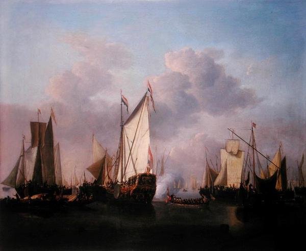 ए स्टेट्स यॉट और अन्य वेसल्स बहुत हल्की हवा में, c.1655 (कैनवास पर तेल) द्वारा विलेम वैन डे द यंगर वेल्डे