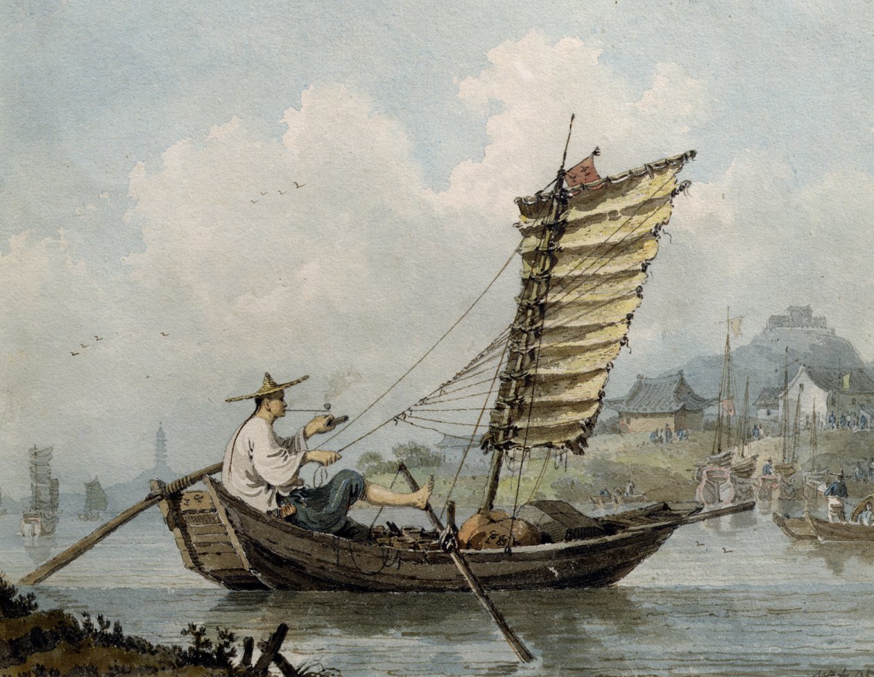 चीनी नाविक अपने कबाड़ में धूम्रपान, 1795 (wc) द्वारा विलियम अलेक्जेंडर