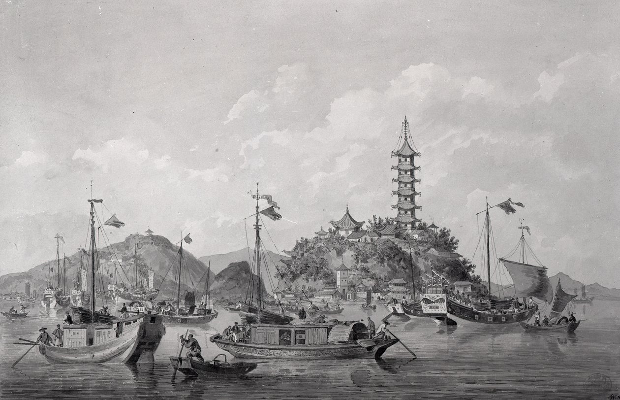ब्लू नदी, चीन में स्वर्ण पर्वत द्वीप का दृश्य, c.1794 (कलम, स्याही und धो) द्वारा विलियम अलेक्जेंडर