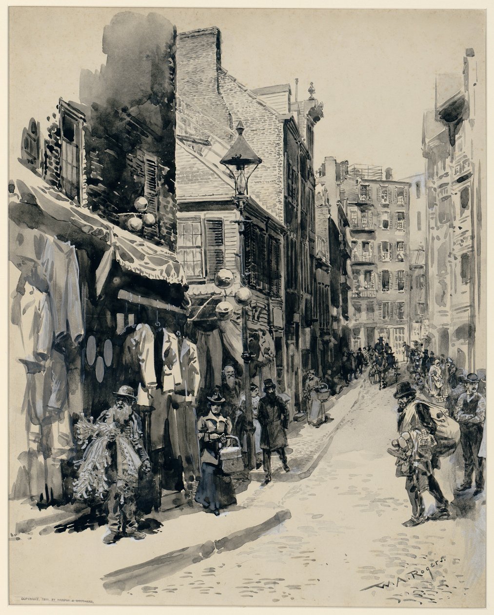 द यहूदी क्वार्टर, बोस्टन, 1899 में प्रकाशित हुआ (कागज पर पेन और स्याही धोना द्वारा विलियम एलन रोजर्स