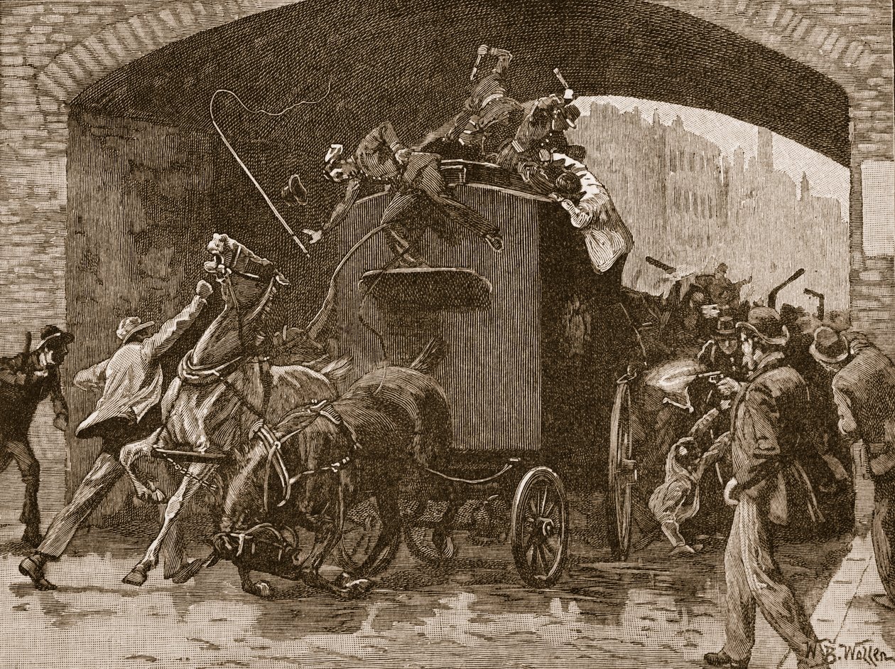 1867 में मैनचेस्टर में पुलिस वैन पर फेनियन हमला, &39;कैसल्स इलस्ट्रेटेड हिस्ट्री ऑफ इंग्लैंड&39; (सेशेल्स) से चित्रण द्वारा विलियम बार्न्स ऊन