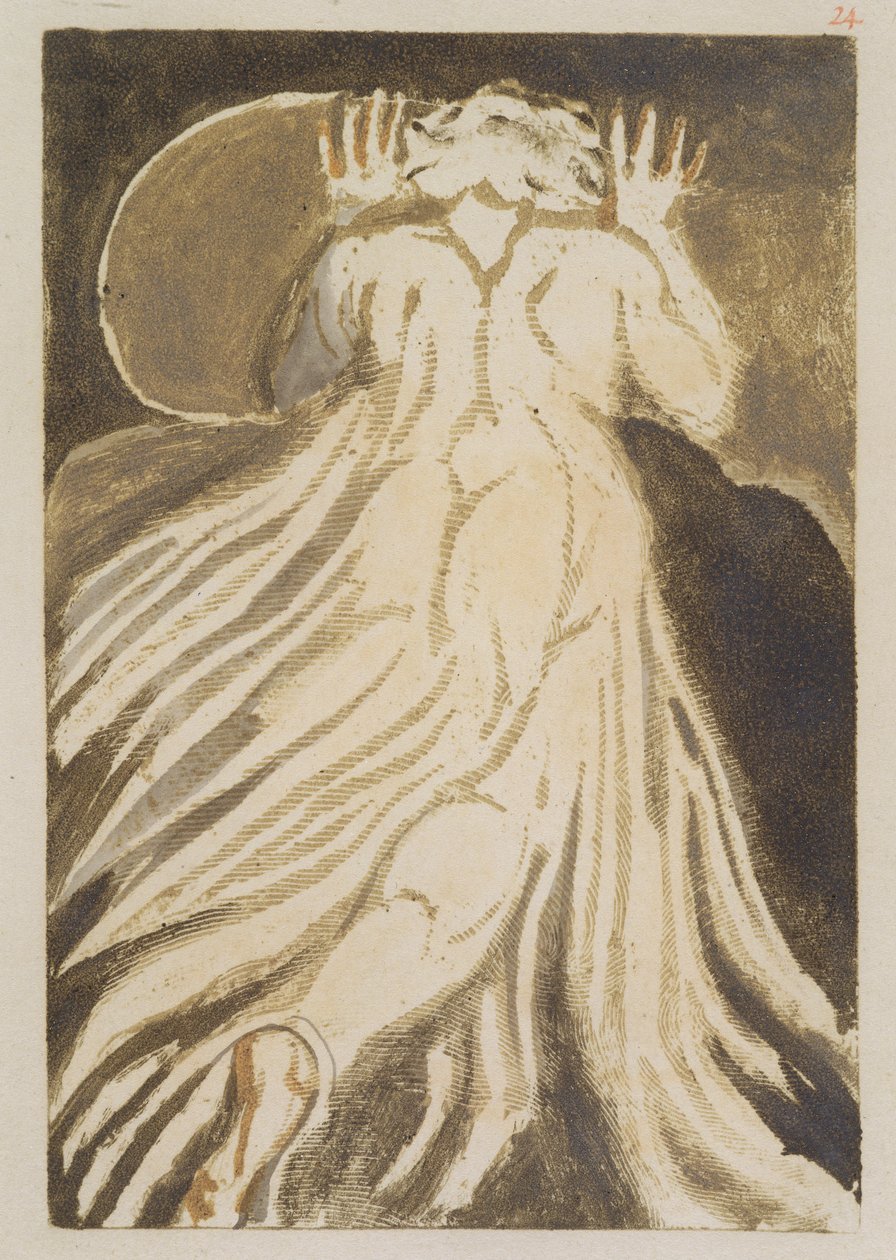 &39;एक सफेद बालों वाला आदमी, एक लंबा पीला, जो अपने हाथों से हमारे पास से भागता है&39;, &39;94 की पहली किताब उरोजेन &39;से प्लेट, 1794 (कागज पर स्याही और wc के साथ रंगीन मुद्रित राहत नक़्क़ाशी) द्वारा विलियम ब्लेक