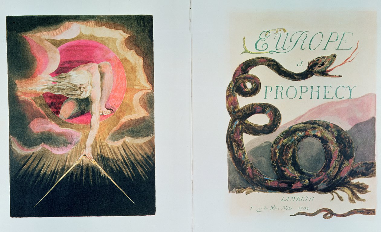 यूरोप एक भविष्यवाणी; बाएं से दाएं अग्र भाग और शीर्षक पृष्ठ; ईश्वर का निर्माण (यूरीजन की आड़ में यहोवा द्वारा भौतिक दुनिया का निर्माण, अकल्पनीय कारण का अवतार) द्वारा विलियम ब्लेक