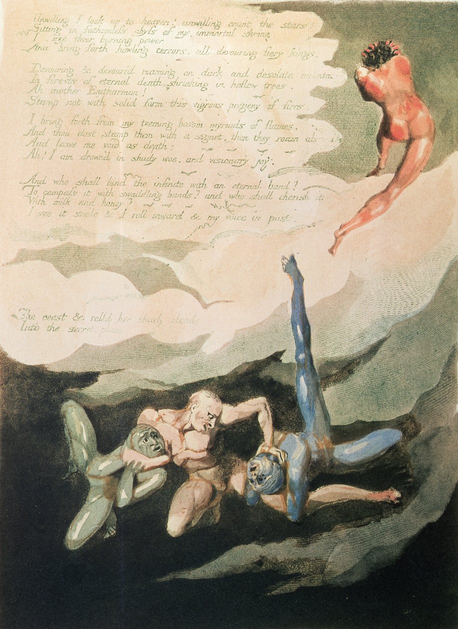 यूरोप एक भविष्यवक्ता illing Unwilling I look up ’, 1794 (सफेद लाइन उत्कीर्णन और wc के साथ राहत नक़्क़ाशी) द्वारा विलियम ब्लेक