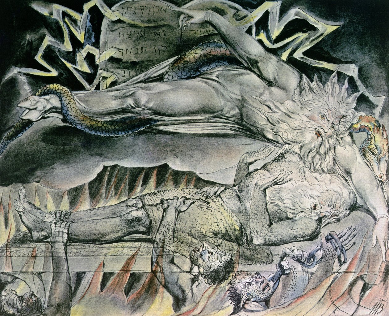 नौकरी की पुस्तक के चित्र; अय्यूब के ईविल ड्रीम्स, अय्यूब के ईश्वर को दर्शाते हुए, जो क्लोअन खुर के साथ शैतान बन गया है और एक नागिन द्वारा प्रवेश किया है, कानून के मोज़ेक टैबलेट्स की ओर इशारा करते हुए, 1825 (पेन, डब्ल्यूसी ओवर) द्वारा विलियम ब्लेक