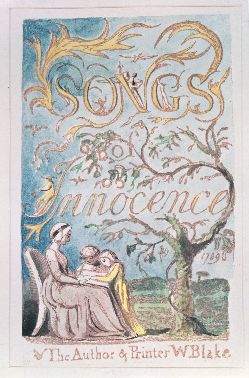 मासूमियत के गीत; शीर्षक पृष्ठ, 1789 (वाटरकलर के साथ रंगा हुआ राहत द्वारा विलियम ब्लेक