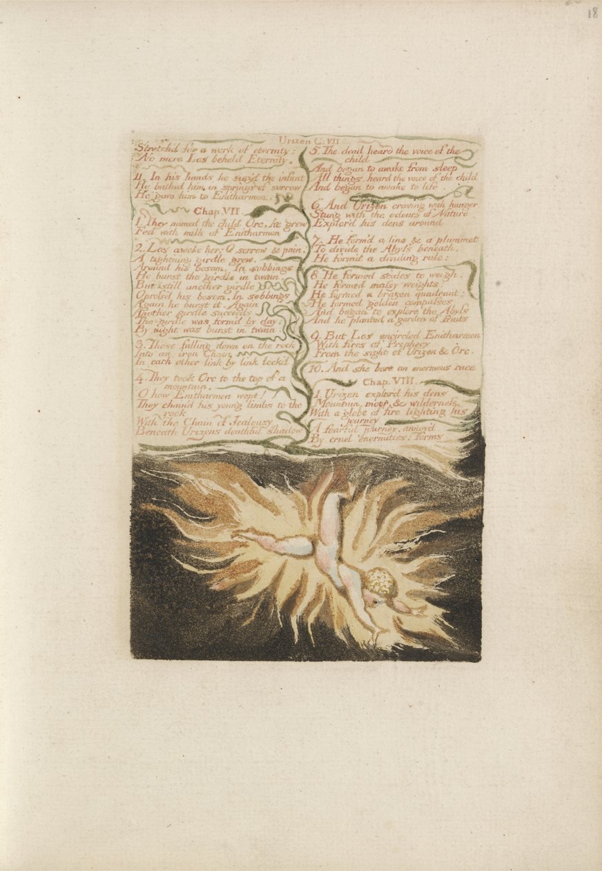 अनंत काल के काम के लिए स्ट्रेचड ..., Urizen की पहली पुस्तक, 1794 से प्लेट 22 (कागज पर स्याही और wc के साथ रंगीन मुद्रित राहत नक़ल) द्वारा विलियम ब्लेक