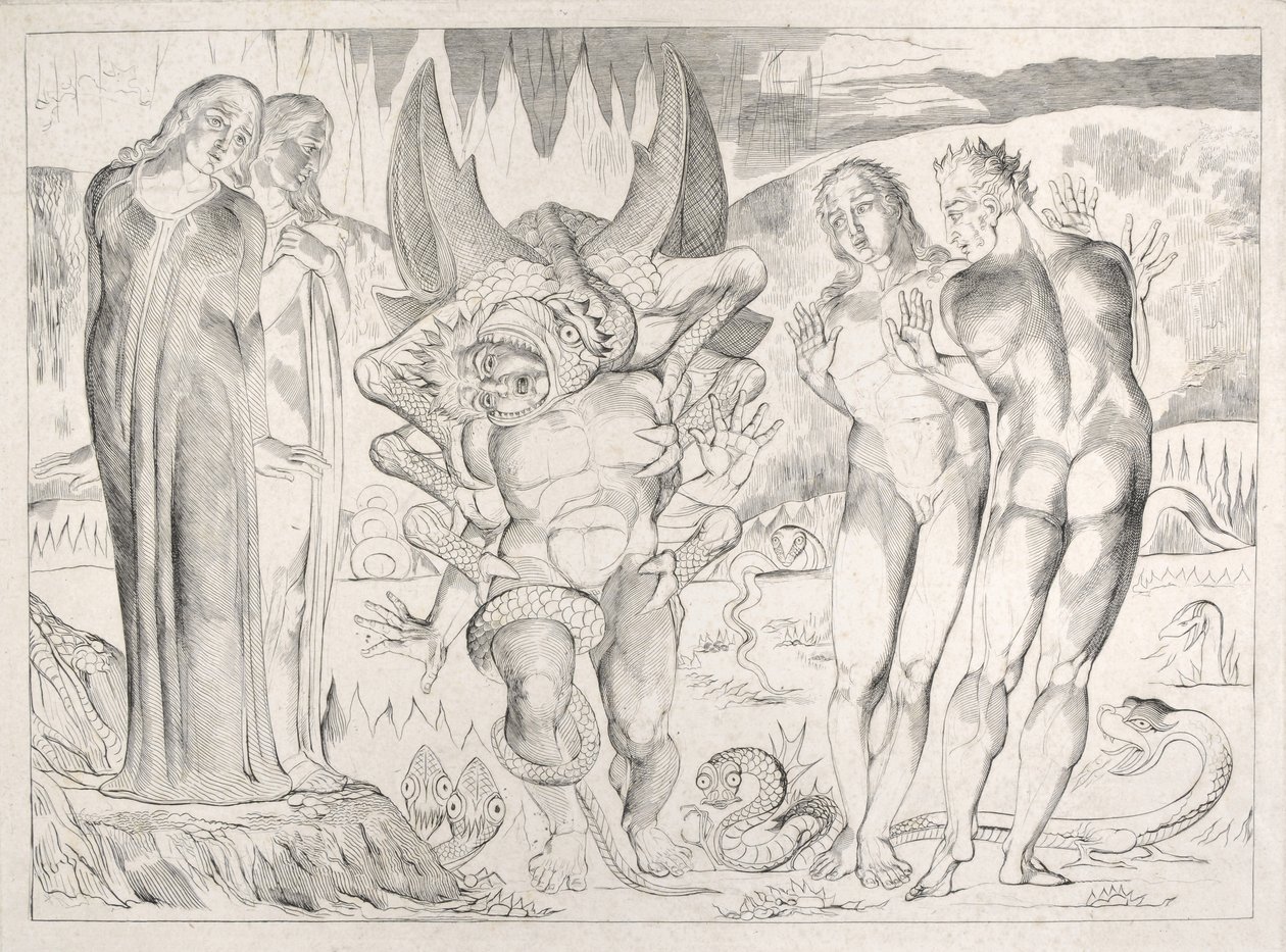 चोरों का घेरा: एग्नोलो ब्रुनेलेशी ने एक छः फुट के सर्प इन्फर्नो पर हमला किया, कैंटो XXV, दांते एलघिएरी द्वारा &39;डिवाइन कॉमेडी&39; का चित्रण, 1827 द्वारा विलियम ब्लेक