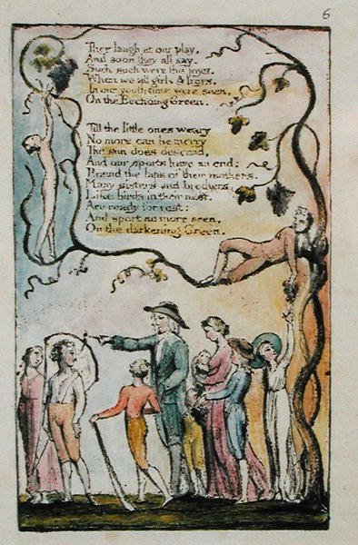 Ecchoeing Green, प्लेट 2 (बेंटले 7) इन सांग्स ऑफ़ इनोसेंस और एक्सपीरियंस से, c.1789-94 (पेन और इंक और wc के साथ राहत नक़्क़ाशी) द्वारा विलियम ब्लेक