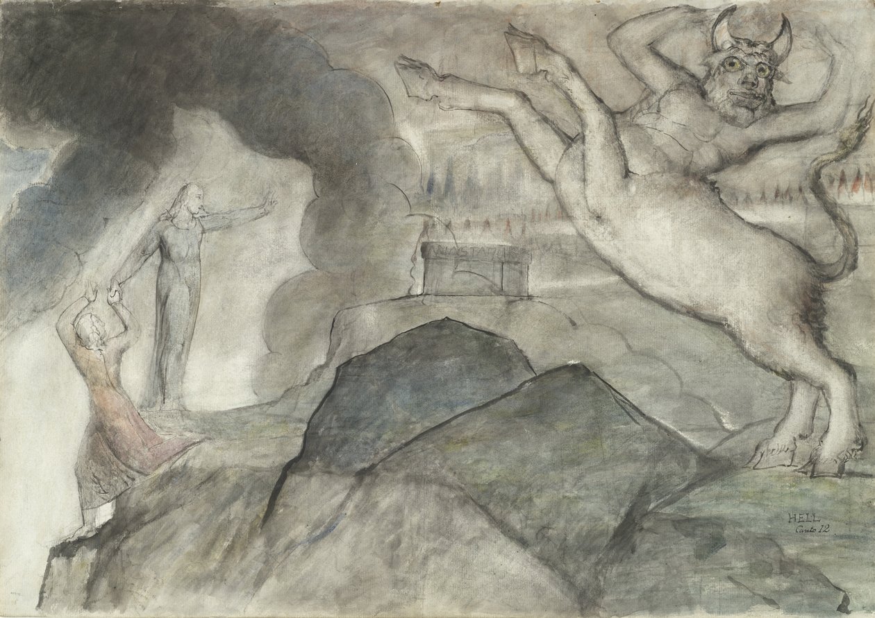 द मिनोटौर, दांते अल्मिएरी द्वारा दिव्य कॉमेडी का चित्रण, 1824-27 (कागज पर पेंसिल और चाक के साथ कलम और स्याही) द्वारा विलियम ब्लेक