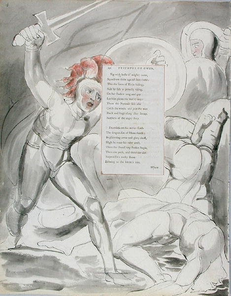 ओवेन की ट्राइंफ्स, थॉमस ग्रे की कविताओं से डिजाइन, 1797-98 (कलम और क्लिप के साथ wc) द्वारा विलियम ब्लेक