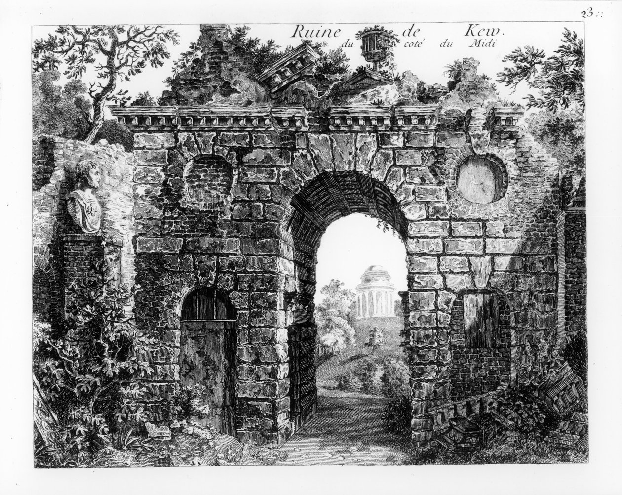 सर विलियम चेम्बर्स द्वारा &39;द गार्डन एंड बिल्डिंग्स एट केव्री इन सूरे&39; से केव गार्डन के मध्य में खंडहर, 1763 में जॉर्ज लुईस आर। द्वारा &39;जार्डिन्स एंग्लो-चिंगो ए ला मोड&39; में पुनः प्रकाशित। द्वारा विलियम चेम्बर्स