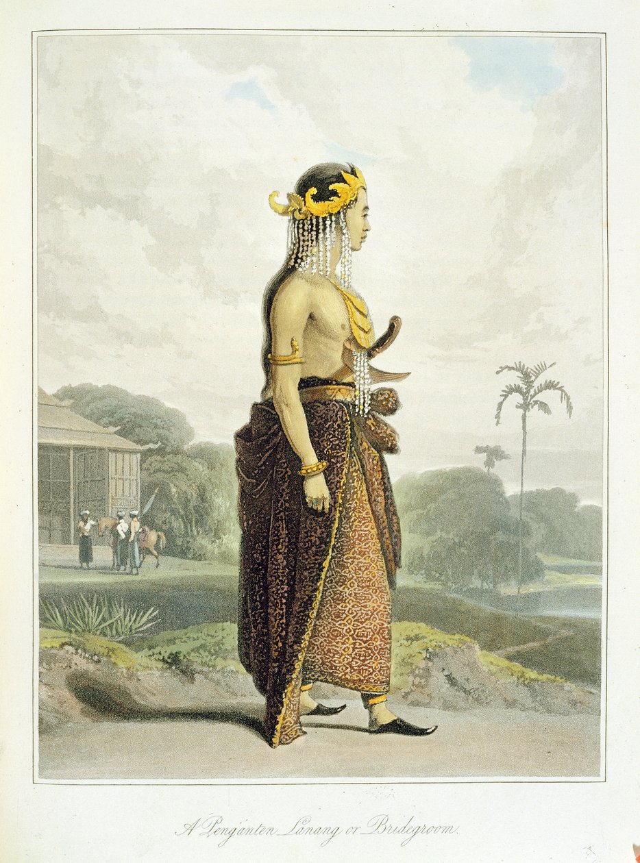 थॉमस स्टैम्फोर्ड रैफल्स (1781-1826), पब के &39;द हिस्ट्री ऑफ जावा&39; के खंड 19 से पेंगेंटेन लैनांग या ब्राइडग्रूम, प्लेट 19। 1817 (एक्वाटिंट) द्वारा विलियम डेनियल