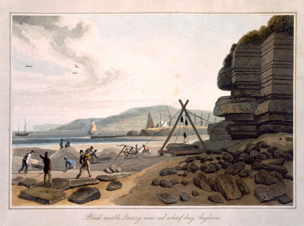 लाल संगमरमर घाट के पास काला संगमरमर खदान, 1814 और 1825 के बीच &39;ए वॉयज अराउंड ग्रेट ब्रिटेन अंडरटेकन&39; से, 1815 में प्रकाशित द्वारा विलियम डेनियल