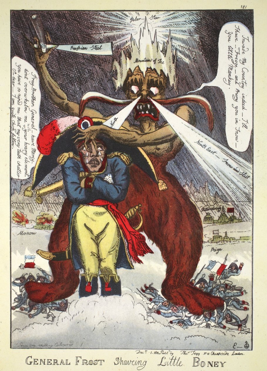 जनरल फ्रॉस्ट शेविंग लिटिल बोनी, पब। थॉमस टेग, 1812 (हाथ से रंगा हुआ उत्कीर्णन) द्वारा विलियम एल्म्स