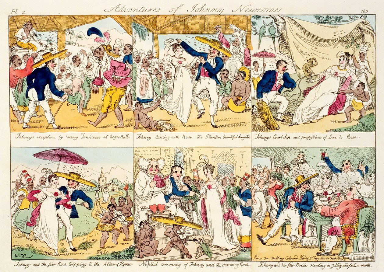 द एडवेंचर्स ऑफ जॉनी न्यूकम, 1812 प्रकाशित (रंगीन नक़्क़ाशी) द्वारा विलियम एल्म्स