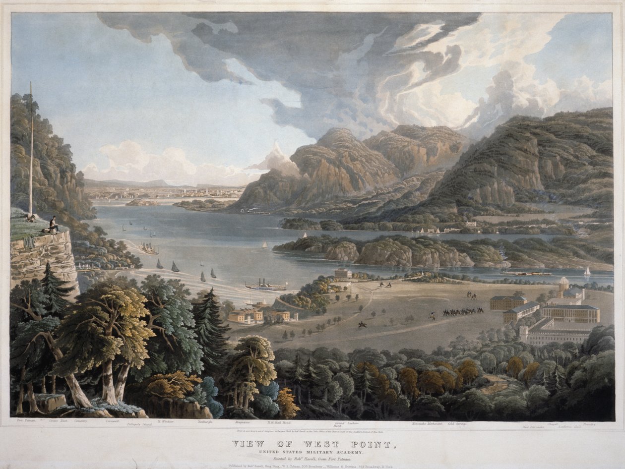 वेस्ट पॉइंट, यूनाइटेड स्टेट्स मिलिट्री एकेडमी, 1848 का दृश्य (हाथ से बने एक्वाटिंट और वोव पेपर पर उकेरा गया) द्वारा विलियम हैवेल