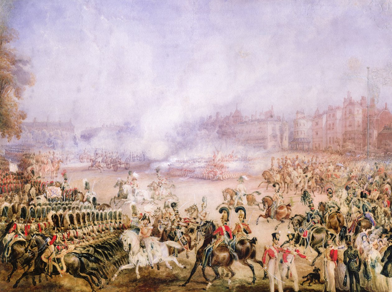 क्वीन विक्टोरियास अक्सेशन डे सैल्यूट, हाइड पार्क, लंदन, 1837 (पेंसिल, गोंद अरबी, wc और कागज पर गौचे) द्वारा विलियम हीथ