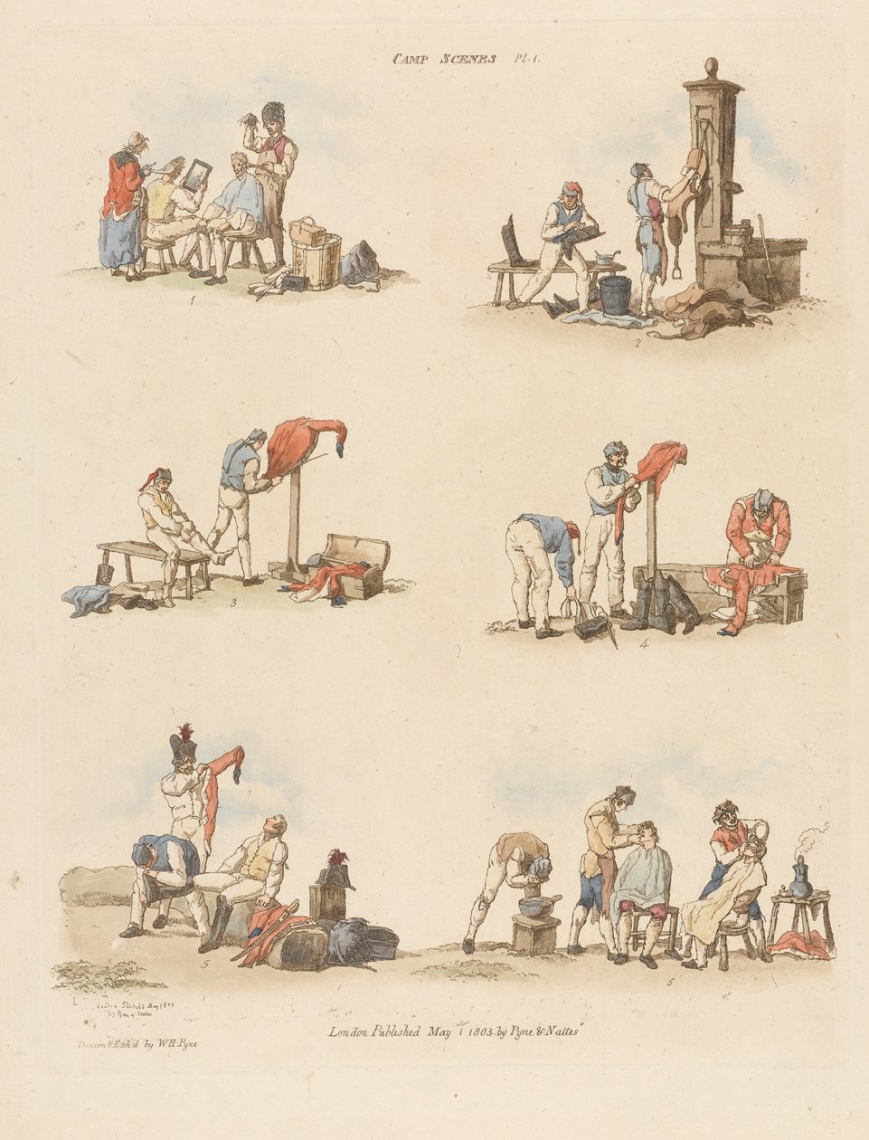 शिविर के दृश्य, 1803 (रंगीन नक़्क़ाशी) द्वारा Pyne के बाद विलियम हेनरी