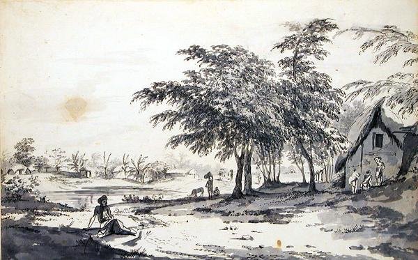 फोरग्राउंड में बैठे एक आदमी के साथ एक भारतीय गांव का दृश्य, c.1781-83 (ग्रे वॉश, पेन और काली स्याही और ग्रेफाइट को कागज पर रखा गया) द्वारा विलियम होजेस