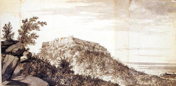 बिडजगुर (बीजगढ़) के किले का दृश्य c.1781 (ग्रे वॉश और ग्रेफाइट पर चढ़े हुए कागज के टुकड़ों में मिला) द्वारा विलियम होजेस