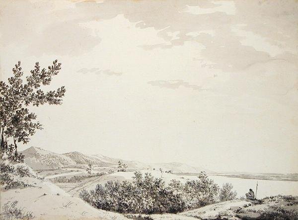 अग्रभूमि में एक प्रहरी के साथ राजमहल पहाड़ियों का दृश्य, c.1781 (ग्रे धोने, कलम और काली स्याही और कागज पर ग्रेफाइट) द्वारा विलियम होजेस