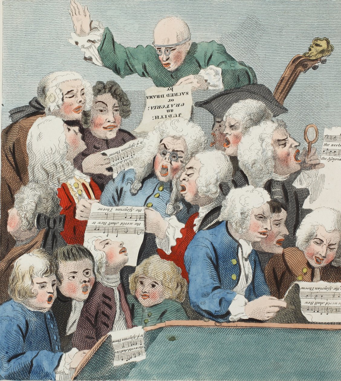 जुडिथ के ओटोरियो के कोरस या रिहर्सल, &39;हॉगर्थ रिस्टोर्ड: द होल वर्क्स ऑफ द सेलेब्रेटेड विलियम होगरथ, थॉमस थॉमस द्वारा पुन: उत्कीर्णित, से चित्रण 1812 (हाथ से रंगी हुई इन्ग्रवी द्वारा विलियम होगार्थ