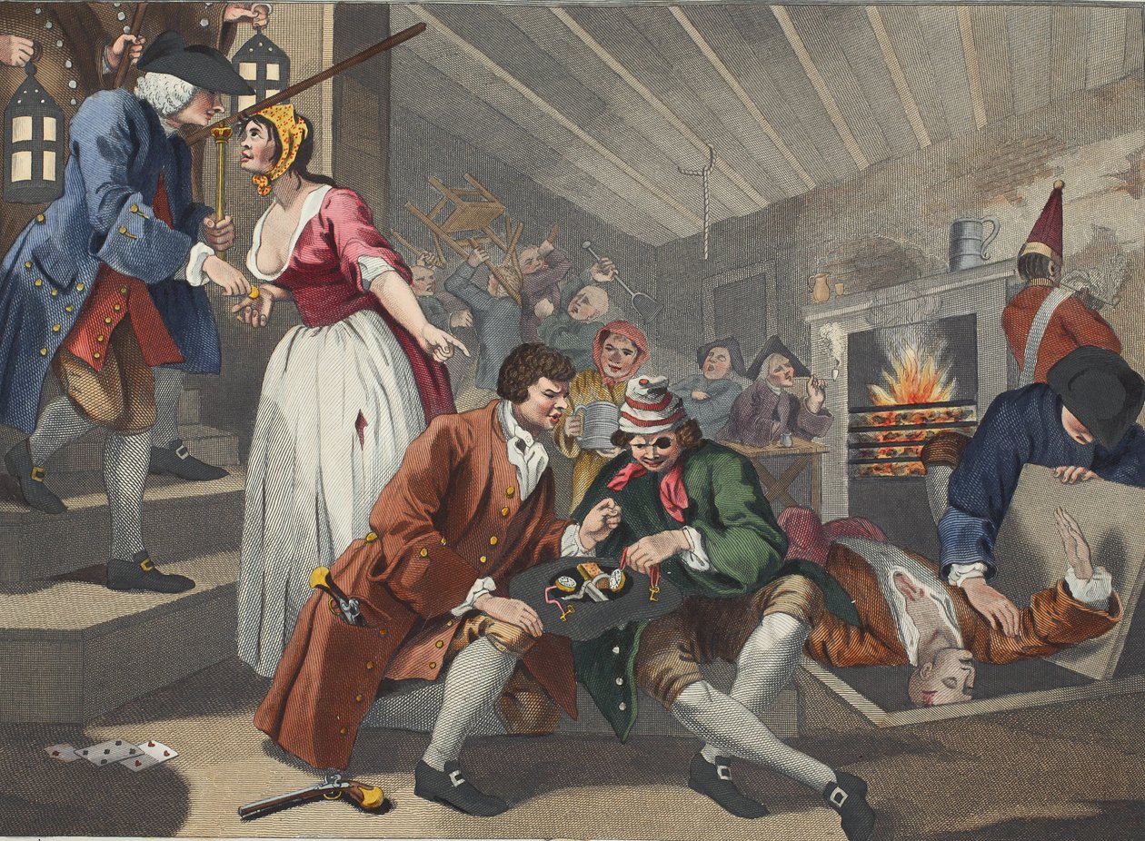 आइडल &39;प्रेंटिस एक प्रॉस्टीट्यूट द्वारा धोखा दिया गया,&39; इंडस्ट्री और आइडलिटी की प्लेट IX, &39;हॉगर्थ रिस्टोर्ड: द व्हॉट्स वर्क्स ऑफ दी सेलेक्टेड विलियम होगरथ, थॉमस कुक&39; से फिर से उकेरा गया चित्र द्वारा विलियम होगार्थ