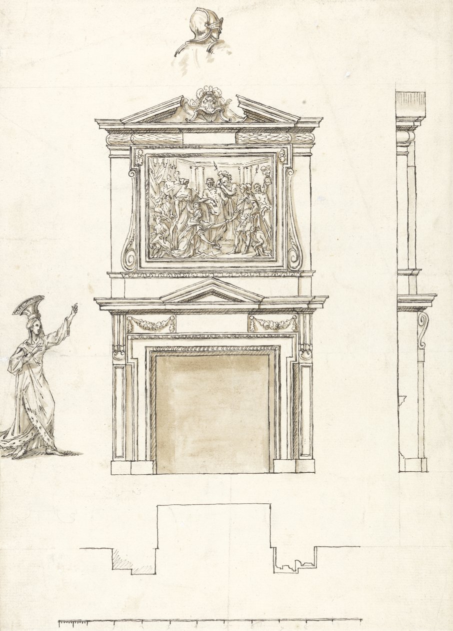 स्टोव में हॉल में चिमनी के टुकड़े के लिए डिज़ाइन, c.1733 (कागज पर ग्रेफाइट से धो के साथ कलम और स्याही) द्वारा विलियम केंट