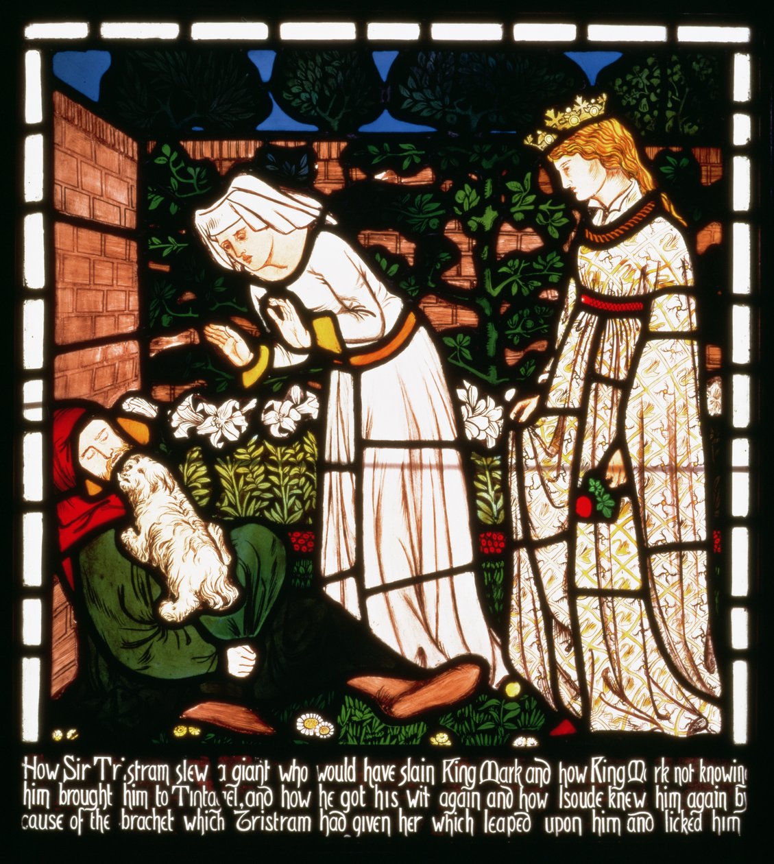 सर ट्रिस्टन को &39;द स्टोरी ऑफ ट्रिस्टन एंड इसोल्ड&39; से विलियम मोरिस अंड कंपनी (सना हुआ ग्लास), इसोल्ड द फेयर के कुत्ते द्वारा मान्यता प्राप्त है। द्वारा विलियम मॉरिस