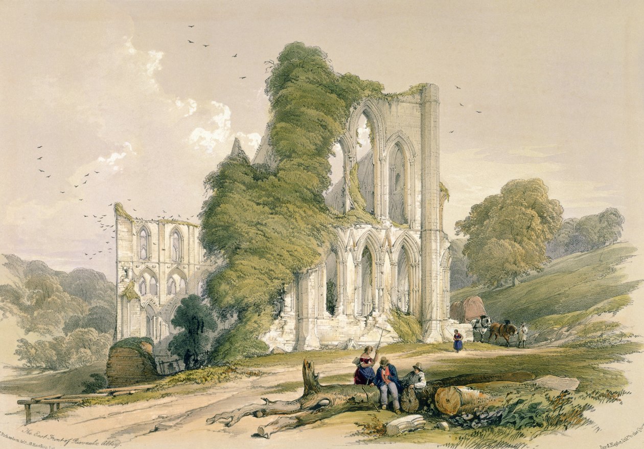 जॉर्ज मुल्किन्स (1819-52), 1843 द्वारा उत्कीर्ण &39;द मोनास्टिक खंडहर ऑफ यॉर्कशायर&39; से, ईस्ट फ्रंट के रीवाल्क्स एब्बे द्वारा विलियम रिचर्डसन