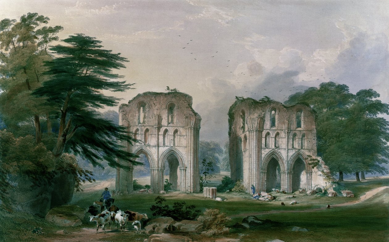 रोश एबे, जॉर्ज हॉकिंस (1819-52), 1842 द्वारा उत्कीर्ण &39;द मॉन्स्टिक रुएन्स ऑफ यॉर्कशायर&39; से पश्चिम का दृश्य द्वारा विलियम रिचर्डसन