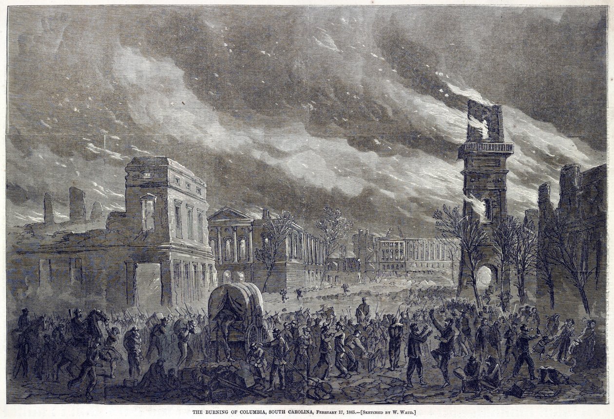 द बर्निंग ऑफ़ कोलंबिया, साउथ कैरोलिना, 17 फरवरी, 1865, पब। 1865 द्वारा विलियम वुड