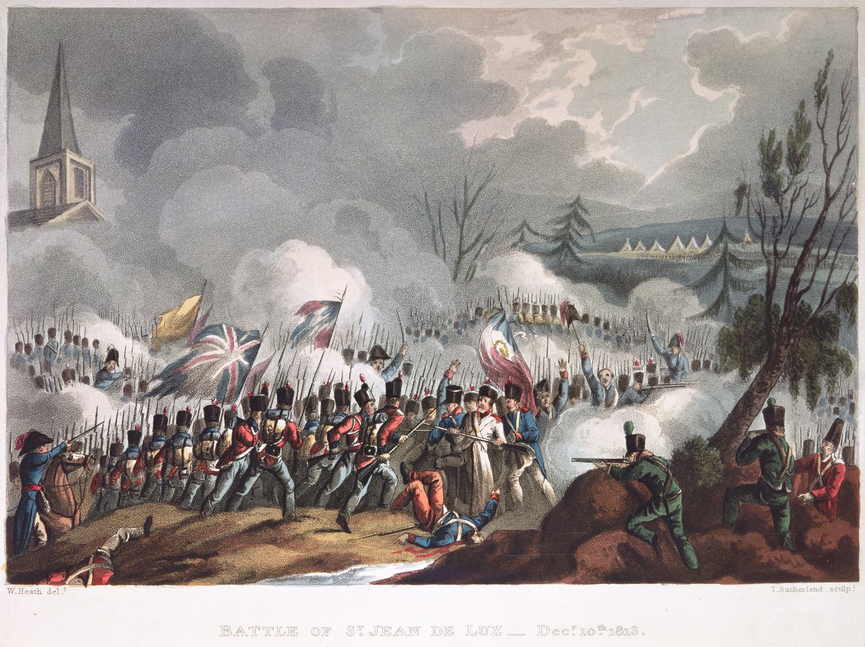 सेंट जीन डे लूज़ की लड़ाई, 10 दिसंबर, 1813, थॉमस सदरलैंड द्वारा उत्कीर्ण (bc1785) द्वारा हीथ के बाद विलियम