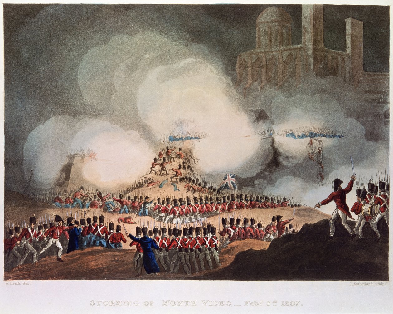 मोंटे वीडियो का स्टॉर्मिंग, 3 फरवरी, 1807, थॉमस सदरलैंड द्वारा उत्कीर्ण द्वारा हीथ के बाद विलियम