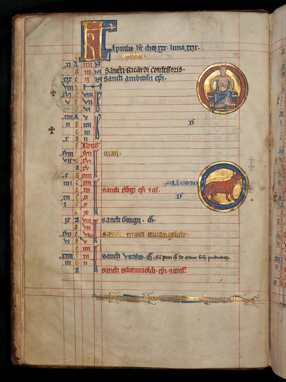 सुश्री 322 f.2v, अप्रैल, एक बैठा हुआ आदमी, दो फूलों को पकड़े हुए, &39;डी ब्रेइल्स सोल्डर&39; से चित्रण, c49250 द्वारा विलियम डी ब्रेलेस