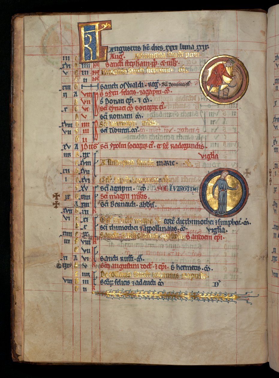सुश्री 322 f.4v, अगस्त, कॉर्न काटने वाला एक व्यक्ति, &39;डी ब्रेलेस सॉल्टर&39; से चित्रण, c.1250 द्वारा विलियम डी ब्रेलेस
