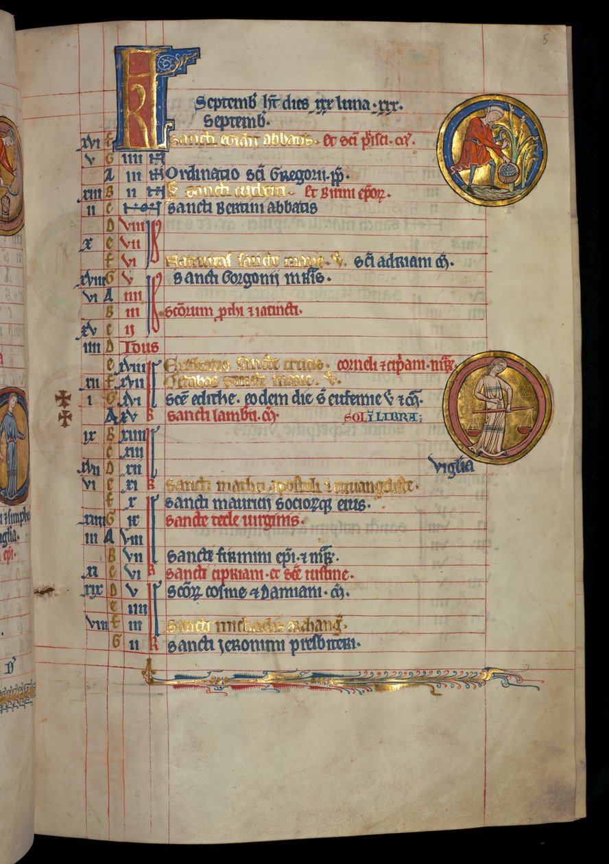 सुश्री 322 f.5r, सितंबर, फल लेने वाला एक व्यक्ति, &39;डी ब्रेलेस सॉल्टर&39; से चित्रण, c.1250 द्वारा विलियम डी ब्रेलेस
