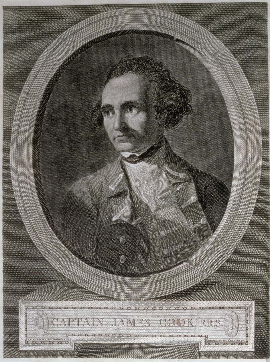 कैप्टन जेम्स कुक (1728-79) का पोर्ट्रेट, 'जर्नी राउंड द वर्ल्ड टू द साउथ पोल' (उत्कीर्णन) के अग्रभाग से द्वारा विलियम (बाद में) होजेस