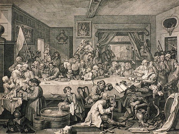 1833 में प्रकाशित 'द वर्क्स ऑफ विलियम होगार्थ' से एक इलेक्शन एंटरटेनमेंट (उत्कीर्णन) द्वारा विलियम (बाद में) हॉगर्थ