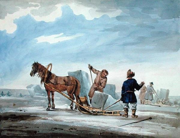 हॉर्सड्राउन स्लेज द्वारा बर्फ का परिवहन, 'वर्षों में मास्को से कॉन्स्टेंटिनोपल की यात्रा' से द्वारा विलियम (बाद में) मैकमाइकल