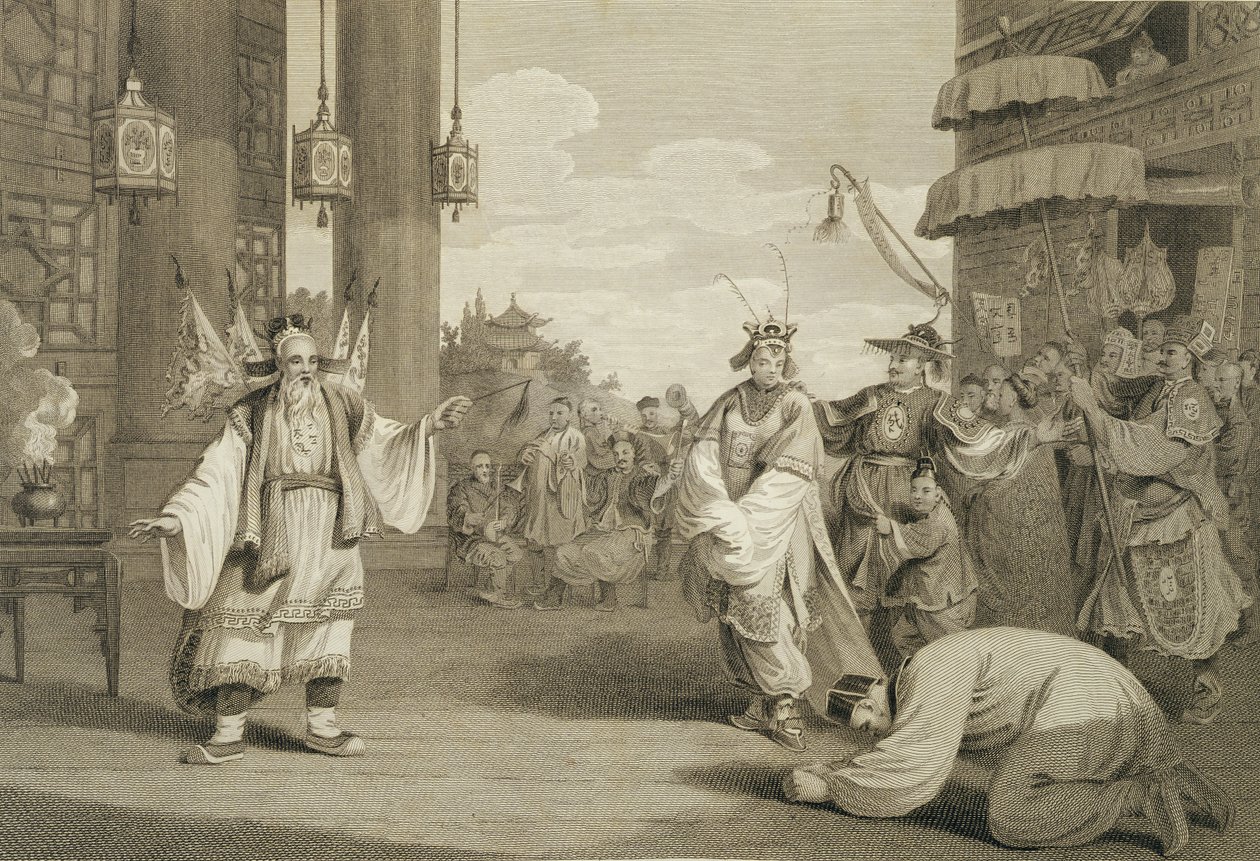 जेम्स स्टेज (1757-1834) पब द्वारा उकेरी गई चीनी मंच पर एक ऐतिहासिक नाटक में एक दृश्य। जी। निकोल द्वारा, 1796 द्वारा विलियम अलेक्जेंडर