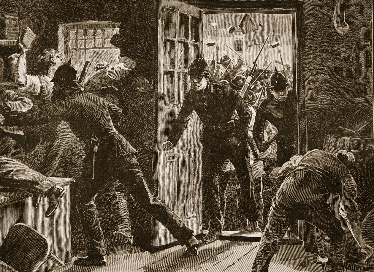 नेशनल लेगर्स एंड पुलिस, 1886 के बीच एनिस की लड़ाई, &39;कासेल इलस्ट्रेटेड हिस्ट्री ऑफ इंग्लैंड&39; (सेपिया फोटो) से चित्र द्वारा विलियम बार्न्स ऊन
