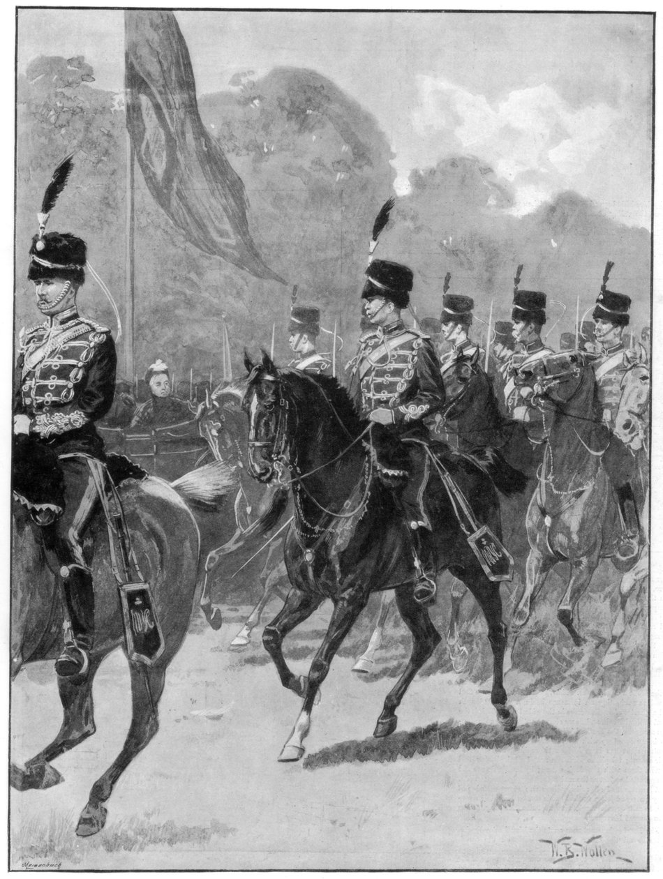1894 में विंडसर पार्क में रानी द्वारा पहली योमेनरी ब्रिगेड की समीक्षा। द्वारा विलियम बार्न्स ऊन
