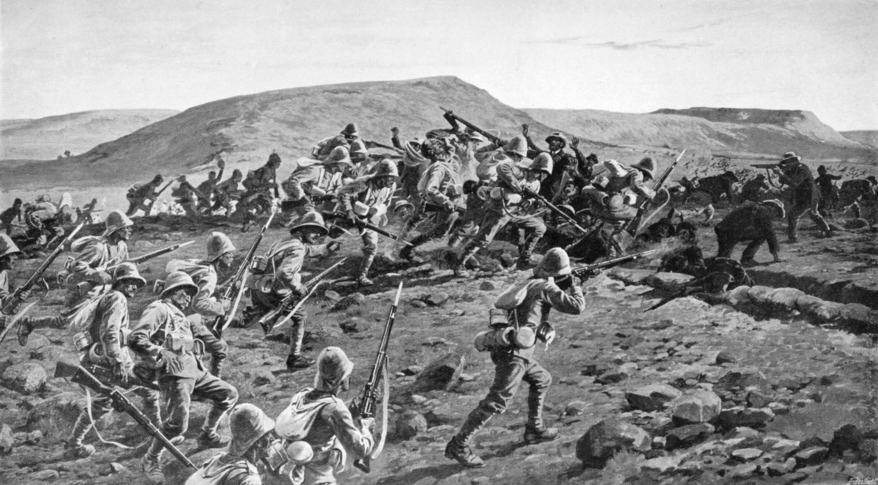नेटल के 1900, 1903 में पीटरर्स हिल में द साउथ लंकाशायर स्टॉर्मिंग द बोअर ट्रेंस। द्वारा विलियम बार्न्स ऊन