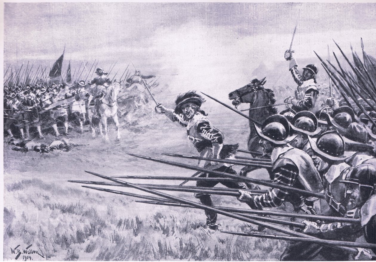 नस्बी में रॉयलिस्ट पैदल सेना का प्रभार, जून 1645, 1915 में ब्रिटिश बैटल ऑन लैंड एंड सी से चित्रण द्वारा विलियम बार्न्स ऊन