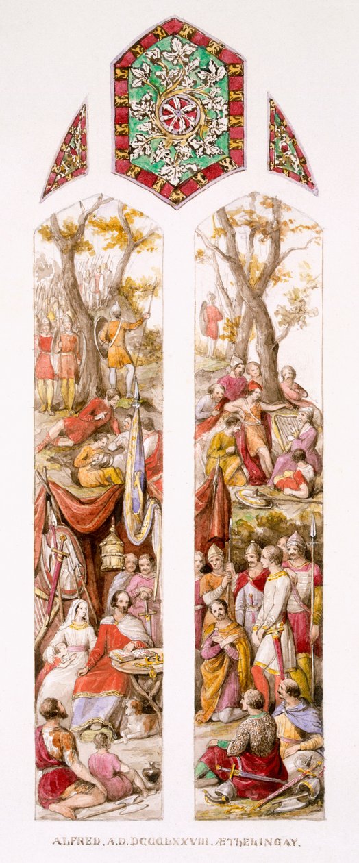अपने अनुयायियों के साथ, सोमरसेट के एथेलनी में राजा अल्फ्रेड, c.1880 द्वारा विलियम बेल और बॉयड, एलिस स्कॉट